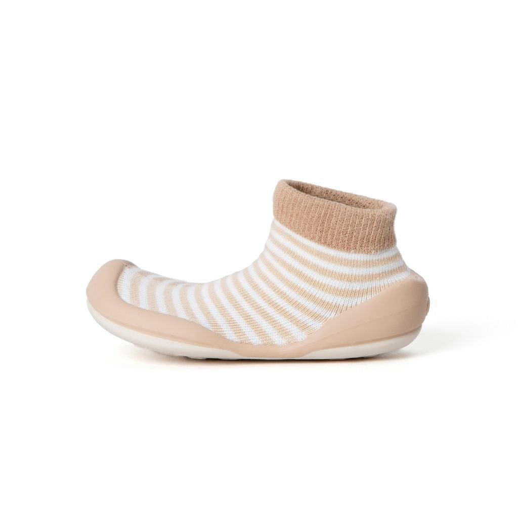 Komuello Half Stripe Tan Baby Rubber Sole Sock Shoes Komuello Half Stripe Tan Baby Rubber Sole Sock Shoes 