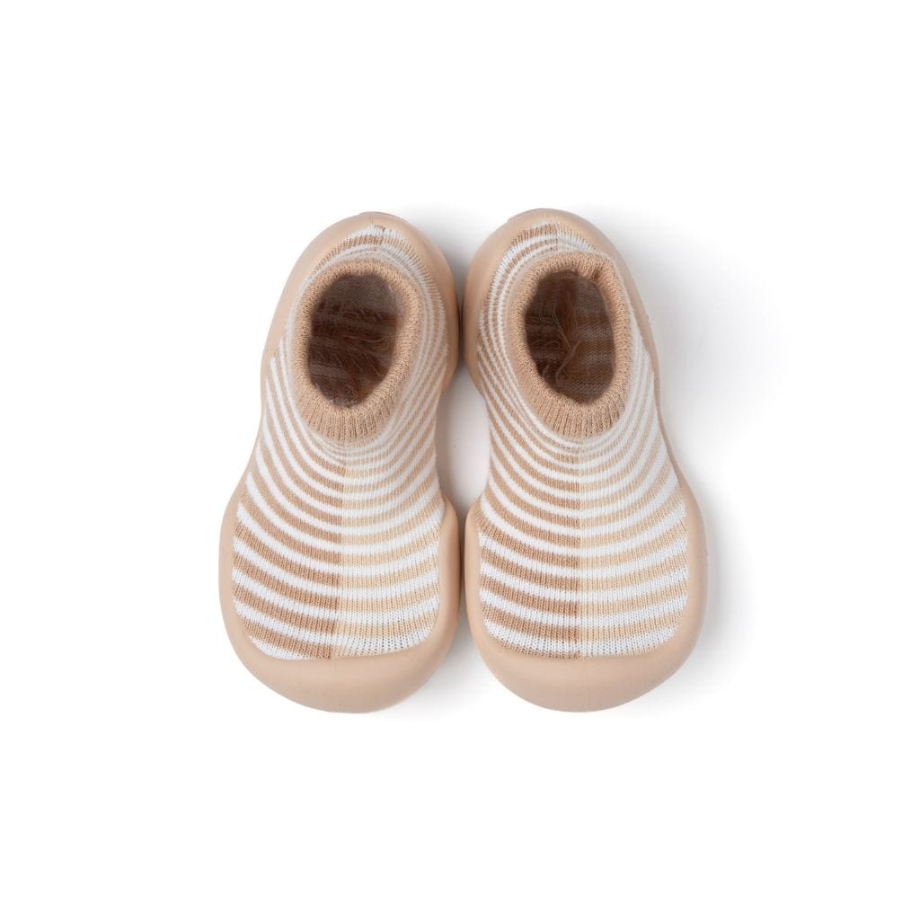 Komuello Half Stripe Tan Baby Rubber Sole Sock Shoes Komuello Half Stripe Tan Baby Rubber Sole Sock Shoes 