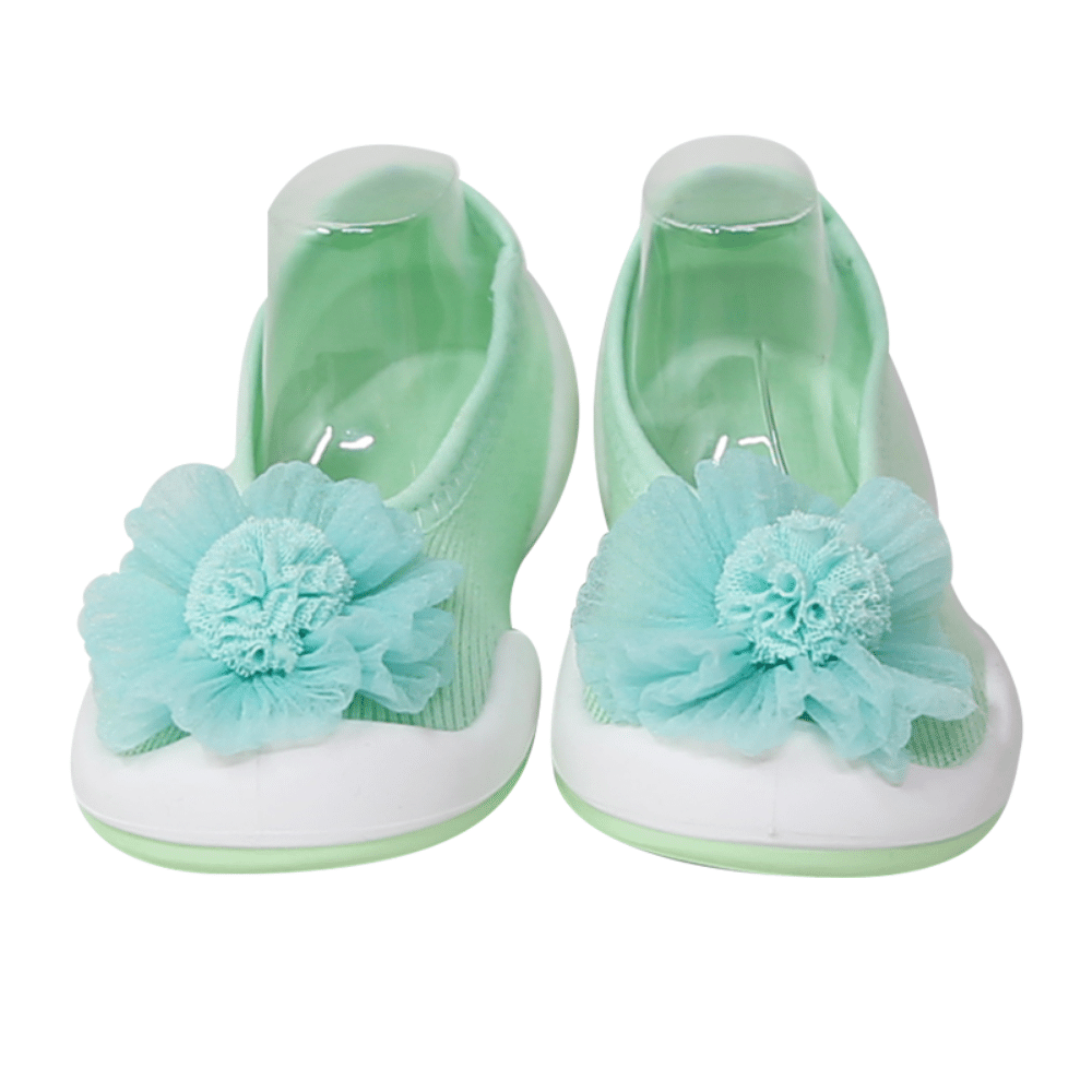 Komuello Flat Pompom Flower Baby Rubber Sole Sock Shoes Mint / US 7 (135mm) KOM-FPPF-MT-US7