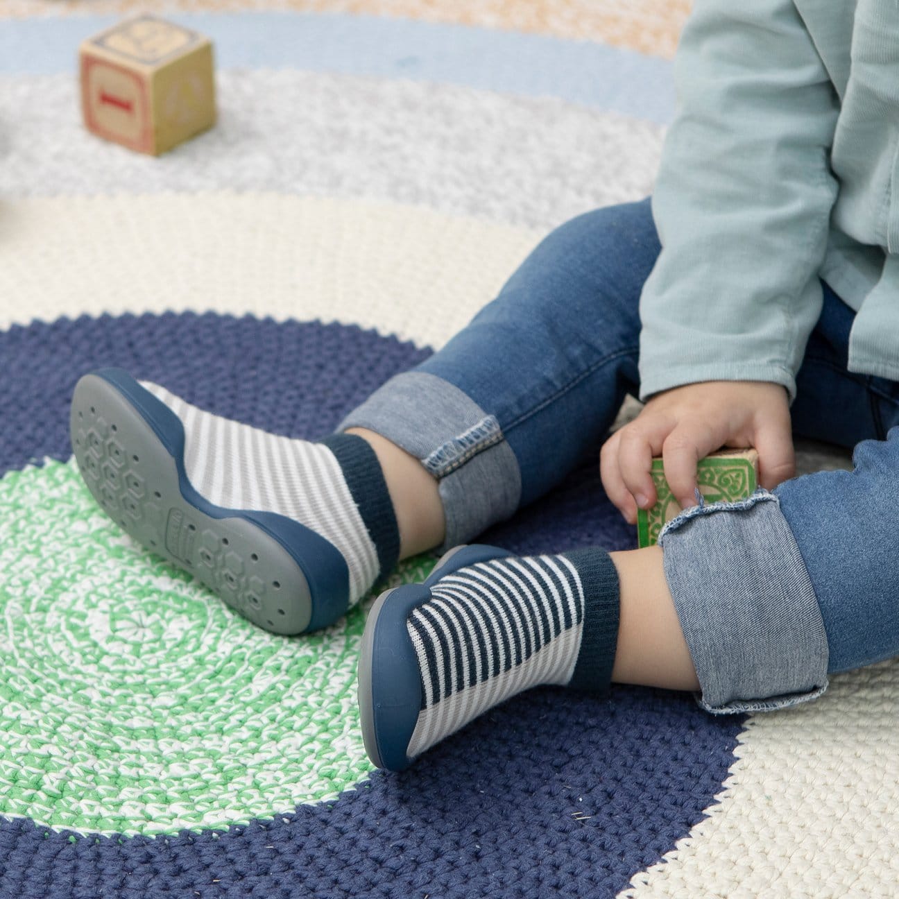 Komuello Half Stripe Navy Baby Rubber Sole Sock Shoes Komuello Half Stripe Navy Baby Rubber Sole Sock Shoes 