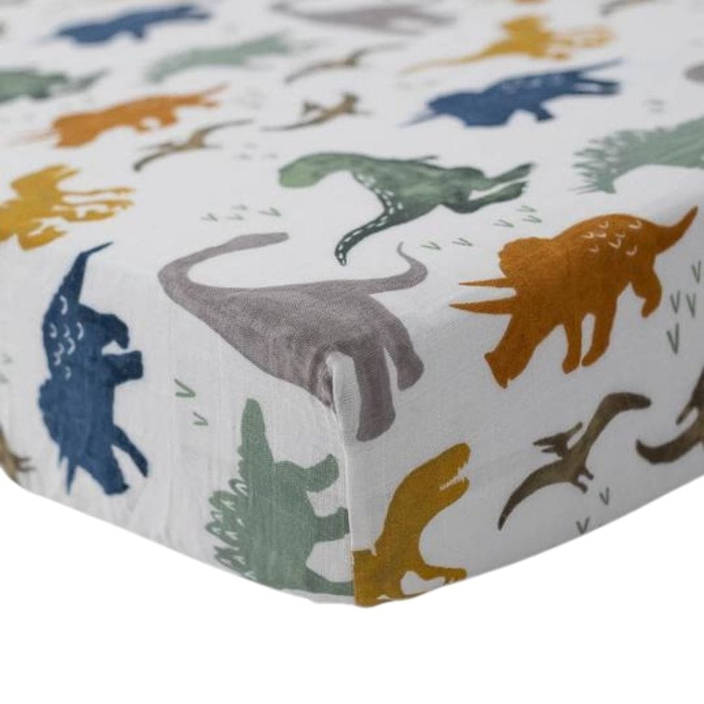 Little Unicorn Cotton Muslin Fitted Cot Sheet - Dino Friends Little Unicorn Cotton Muslin Fitted Cot Sheet - Dino Friends 