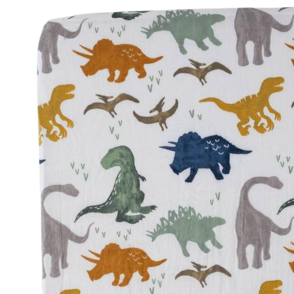 Little Unicorn Cotton Muslin Fitted Cot Sheet - Dino Friends Little Unicorn Cotton Muslin Fitted Cot Sheet - Dino Friends 