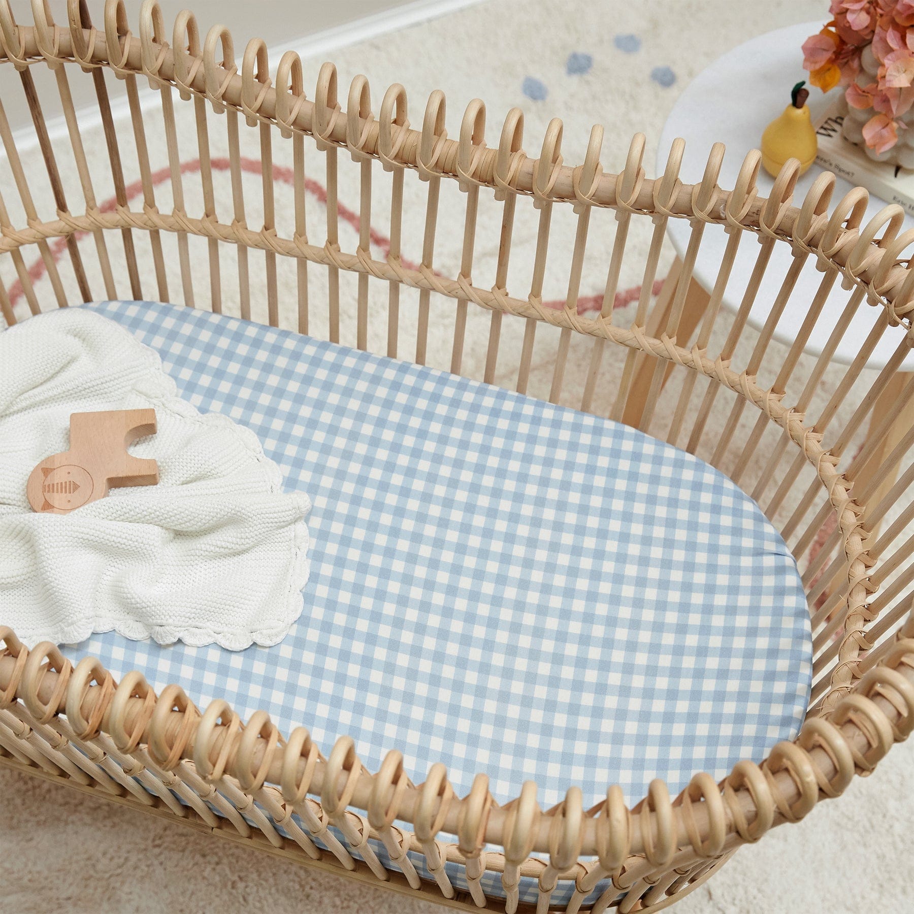 Mulberry Threads Bamboo Jersey Bassinet Fitted Sheet Blue Gingham MTC-01-13-JBC-FIT-BGI