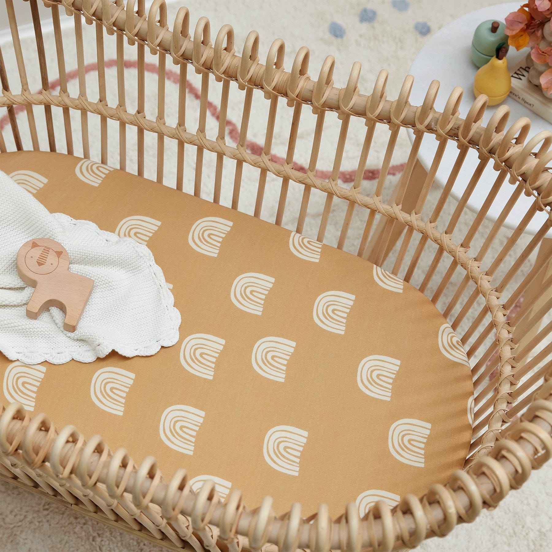 Mulberry Threads Bamboo Jersey Bassinet Fitted Sheet Mustard Rainbows MTC-01-13-JBC-FIT-MRA