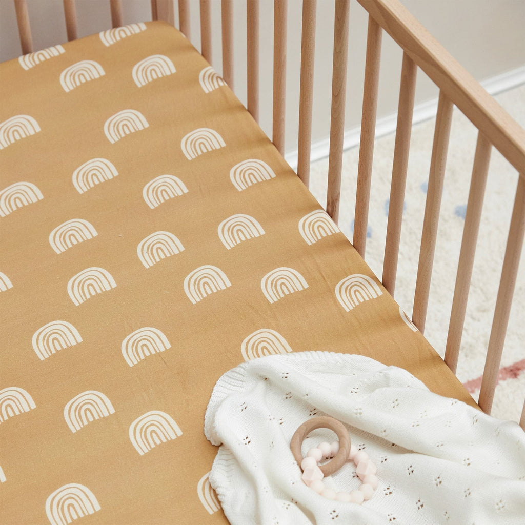 Mulberry Threads Bamboo Jersey Cot Fitted Sheet Mustard Rainbows MTC-01-13-JBC-FIT-MRA