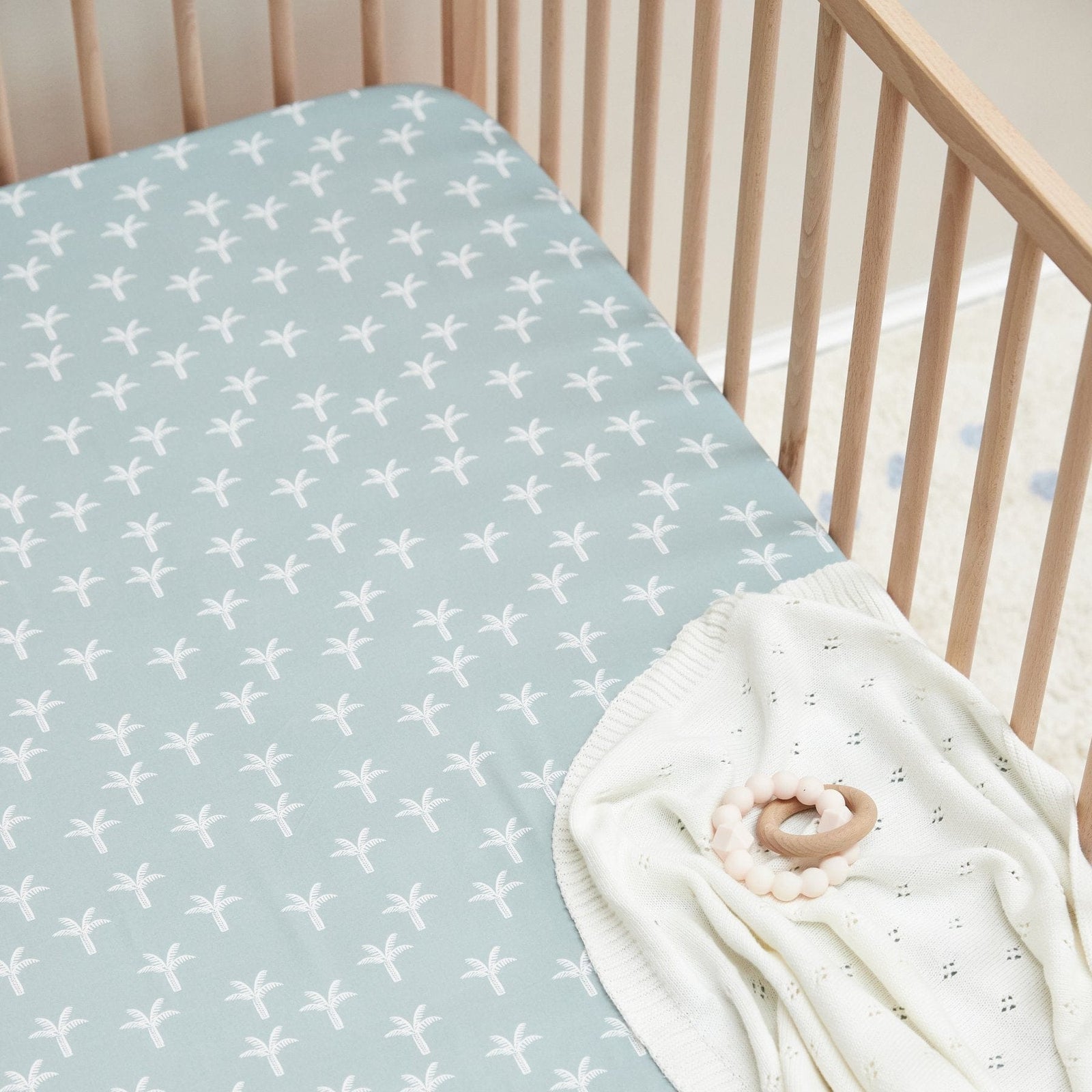 Mulberry Threads 100% Organic Bamboo Cot Fitted Sheet Sage Palms MTC-OB-01-1-BCS-FIT-SPA