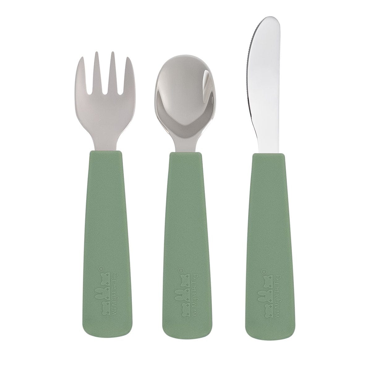 We Might Be Tiny Toddler Feedie Stainless Steel 3 Piece Cutlery Set Sage 