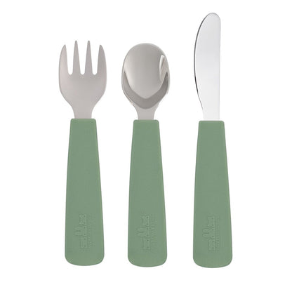 We Might Be Tiny Toddler Feedie Stainless Steel 3 Piece Cutlery Set Sage 