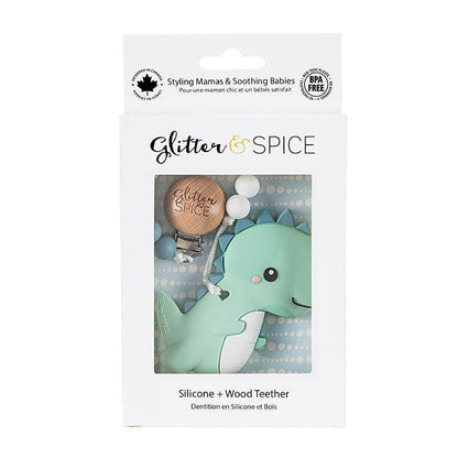 Glitter & Spice T-Rex Dino Silicone Teether with Pacifier Clip Glitter & Spice T-Rex Dino Silicone Teether with Pacifier Clip 