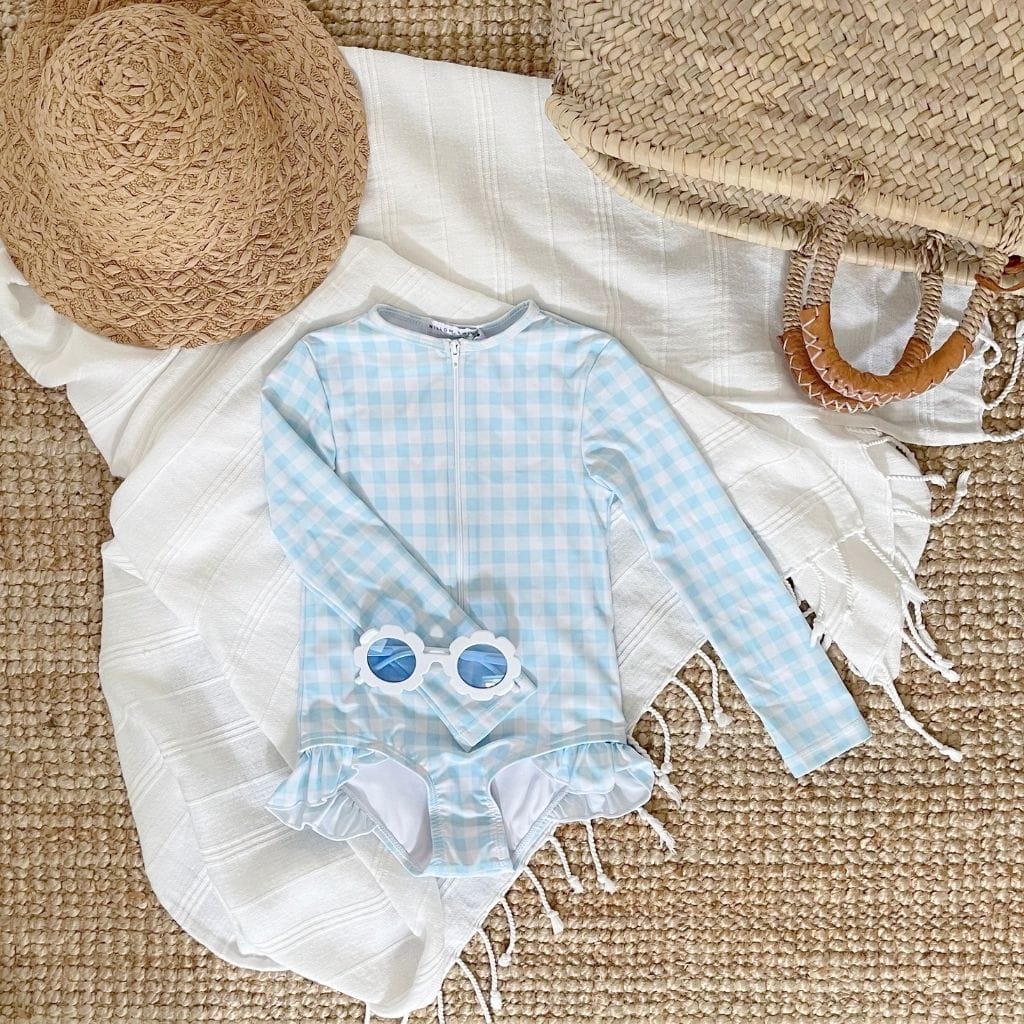 Willow Swim Sophia Sky Gingham Long Sleeve Rashguard One Piece Swimsuit Willow Swim Sophia Sky Gingham Long Sleeve Rashguard One Piece Swimsuit 