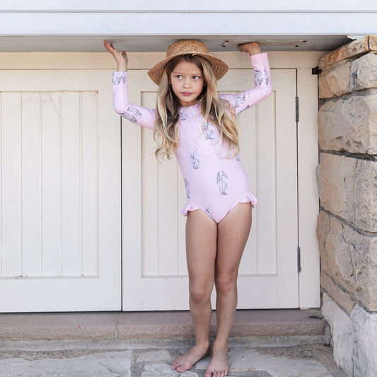 Willow Swim Sophia Funny Bunny Long Sleeve Rash Guard One Piece Swimsuit Willow Swim Sophia Funny Bunny Long Sleeve Rash Guard One Piece Swimsuit 